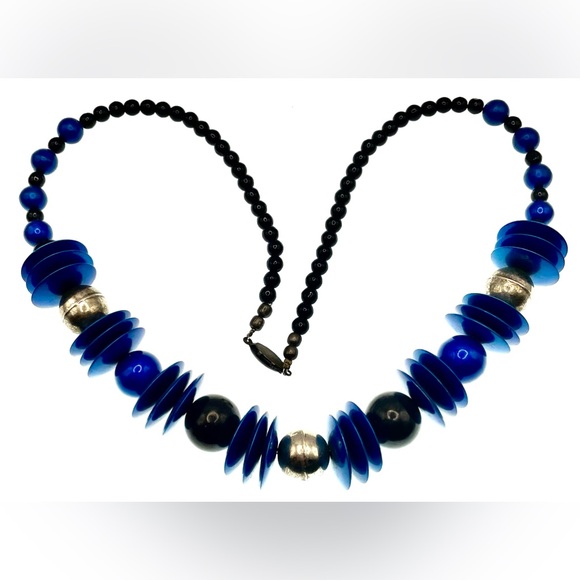 Vintage Jewelry - 3 for $30 Vintage 1980s Blue Black and SilverTone Long Beaded Statement Necklace